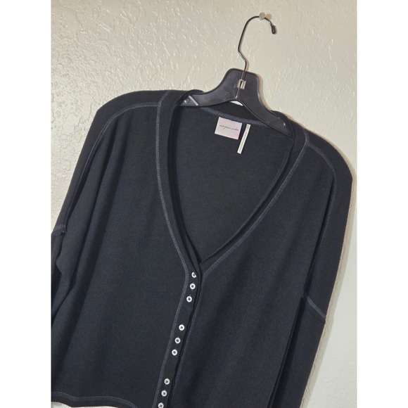 Out From Under Chloe Button Up Lounge Top Med Black Crop Henley Slub Whimsigoth - Picture 3 of 11